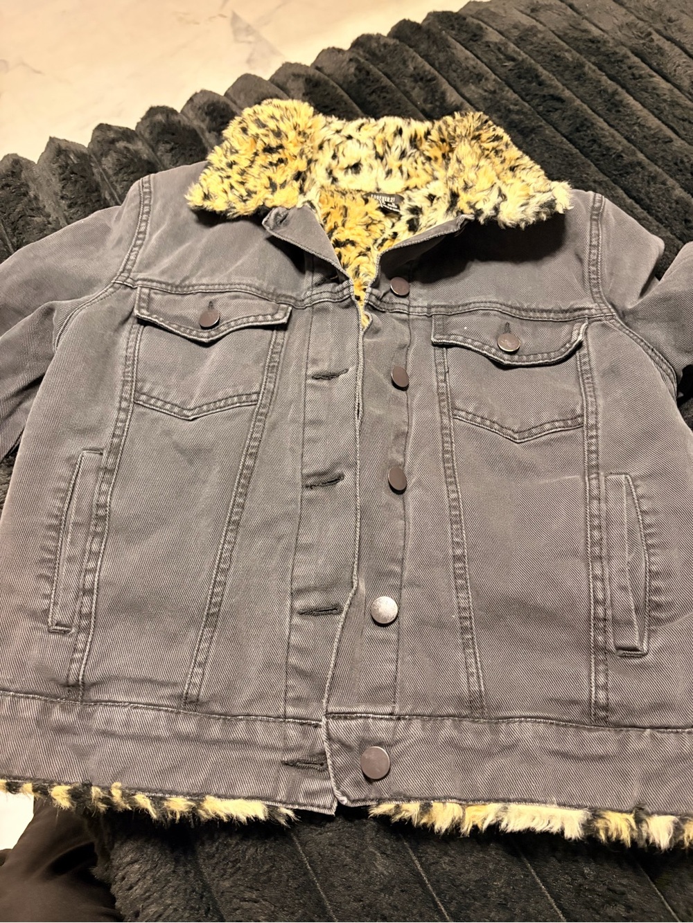 Forever 21 Gray Denim Jacket with Yellow Leopard Faux Fur Lining
